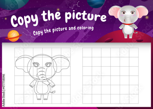 copy the picture kids game and coloring page with a cute elephant in the space galaxy