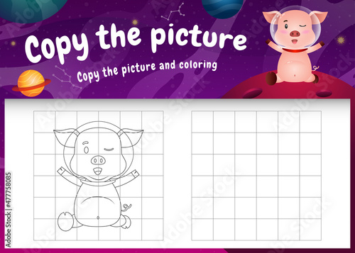 copy the picture kids game and coloring page with a cute pig in the space galaxy