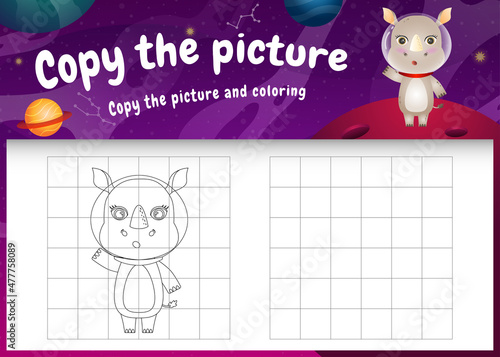 copy the picture kids game and coloring page with a cute rhino in the space galaxy