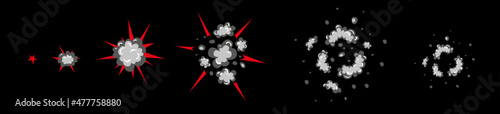 Gray smoke and red flame. Sprite sheet of a flat explosion. Animation for cartoon or game. Vector