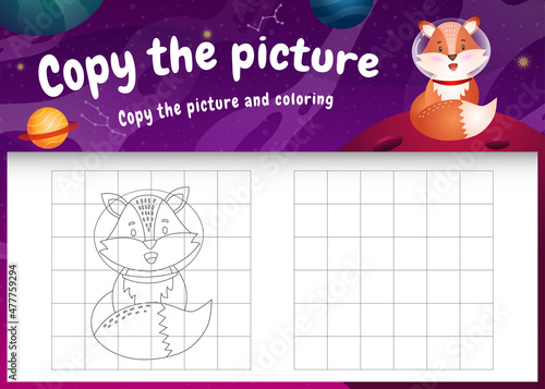 copy the picture kids game and coloring page with a cute fox in the space galaxy