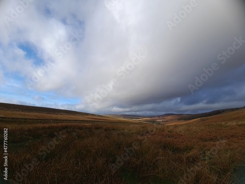 Peak District National Park Stanage Edge brooding sky and wonderful landscape