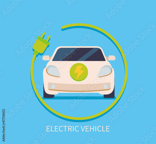 Electric car inside circle from cable with plug, consumption of environmentally friendly electricity.Electric vehicle, eco-friendly concept, hybrid vehicles ready for charging.Vector illustration. photo