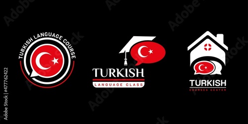 Learning Turkish Language Course Logo. language exchange program, forum, speech bubble, and international communication sign. With Turkey Flag. Premium and luxury vector illustration photo