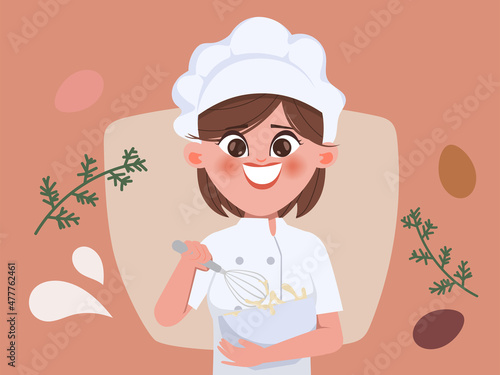 Happy beautiful woman chef making bakery cartoon art illustration.