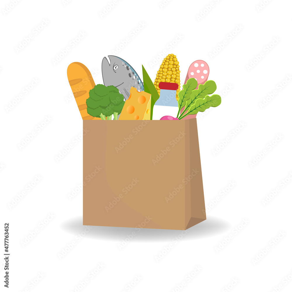 Paper bag with milk, bread, broccoli, sausage, fish corn