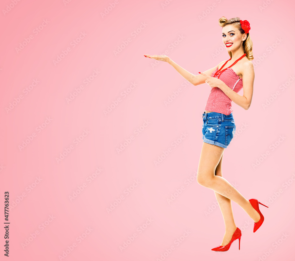 Full Body Of Smiling Woman Pointing At Something Excited Girl In Pin