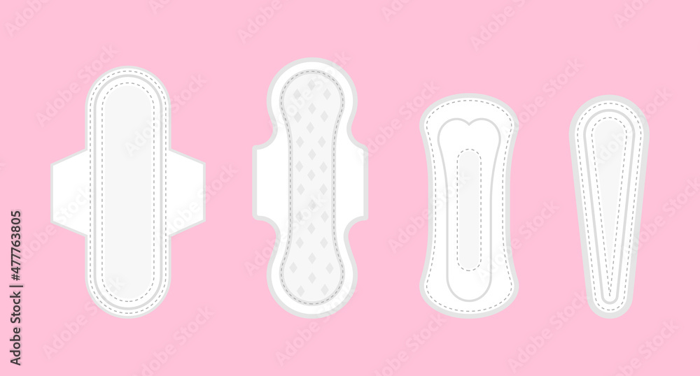 Set of various sanitary napkins. Illustration for feminine hygiene, medicine, menstruation. Pads for a woman.Vector