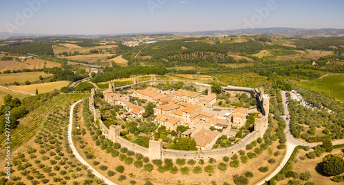 aerial drone view of medieval castle Monteriggioni in Tuscany in Italy