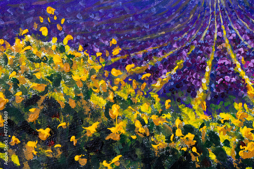 Flowers paintings monet painting claude impressionism paint landscape flower meadow oil yellow sunny wildflowers and purple lavender field texture painting fragment