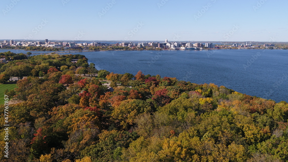 Drone over John Nolen Drive in Madison, WI during peak fall colors (Wisconsin)