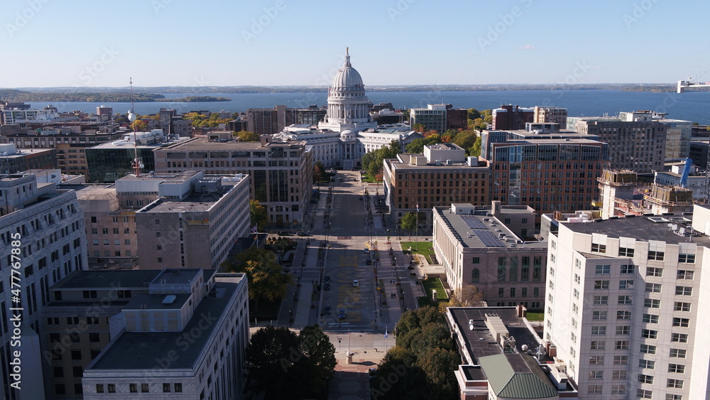 Drone in Downtown Madison, WIsconsin Looking at State Captiol Building