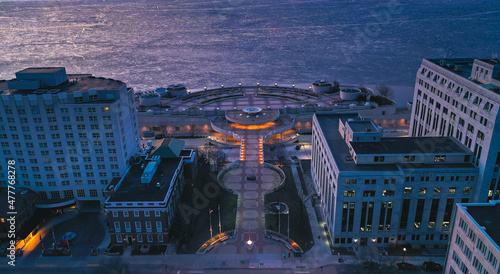Drone in Downtown Madison, WIsconsin Looking at State Captiol Building