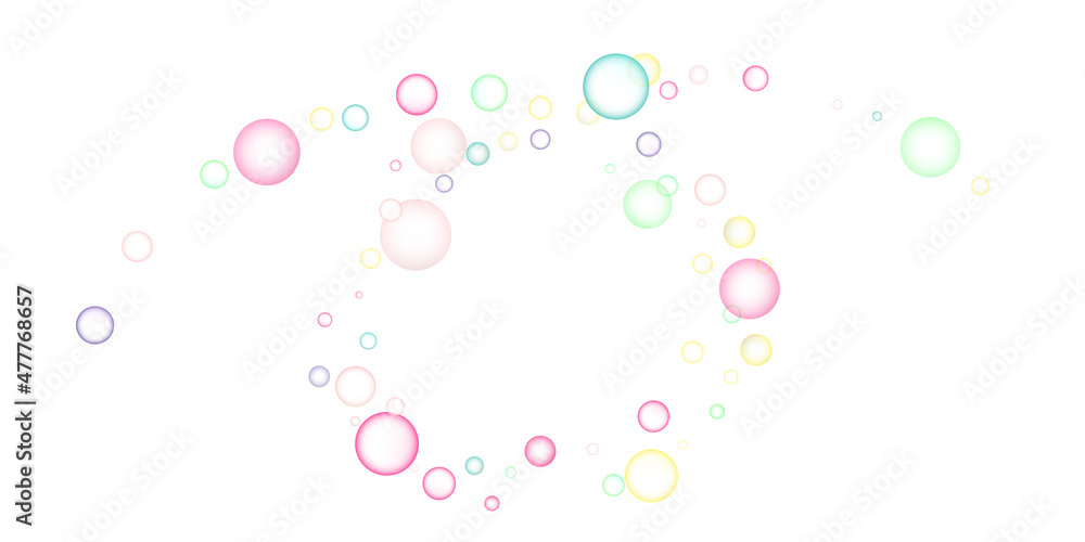 Soapy bright multicolored bubbles fly randomly on a white background. Vector illustration