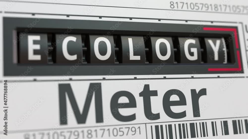 Analog counter or meter with ECOLOGY text. Conceptual 3D animation