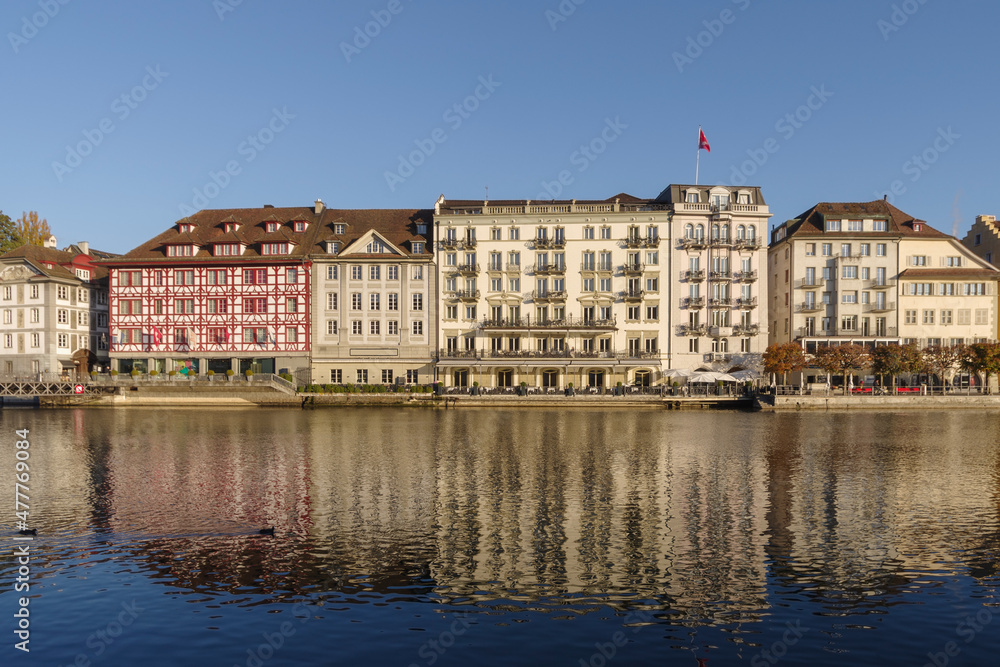 Lucerne, Switzerland, View of historical buildings along riverside