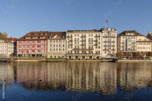 Lucerne, Switzerland, View of historical buildings along riverside