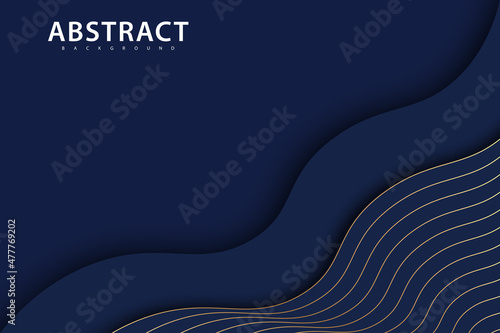 Dark navy blue and gold curve shapes on background with glowing golden striped lines and glitter. Luxury and elegant. Abstract template design. Design for presentation,