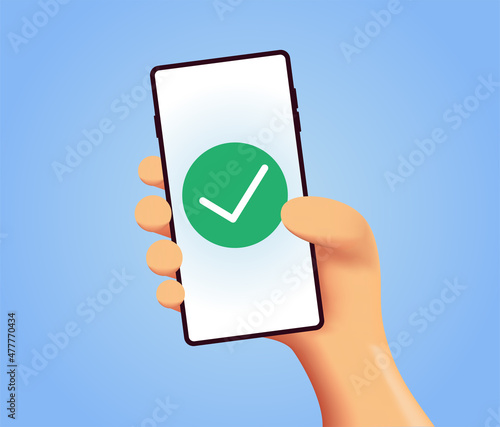 Hand hold smartphone with сheck mark. Operation ok. Sucess concept. Hand in cartoon style with phone
