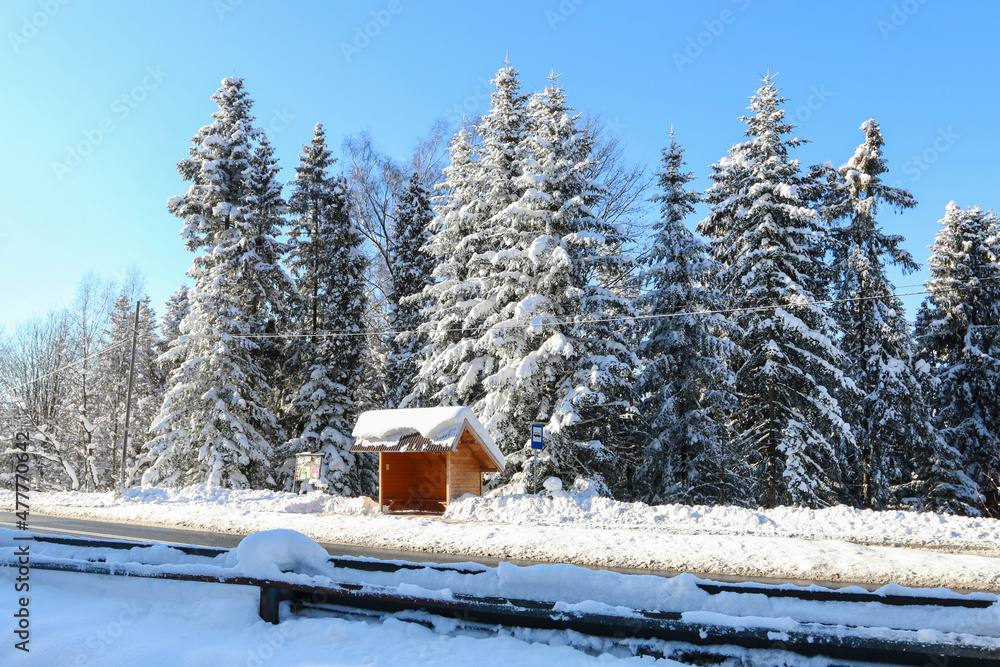 NAPRAWA, POLAND - DECEMBER 06, 2019: Vintage bus stop on a country road during the winter. - obrazy, fototapety, plakaty 