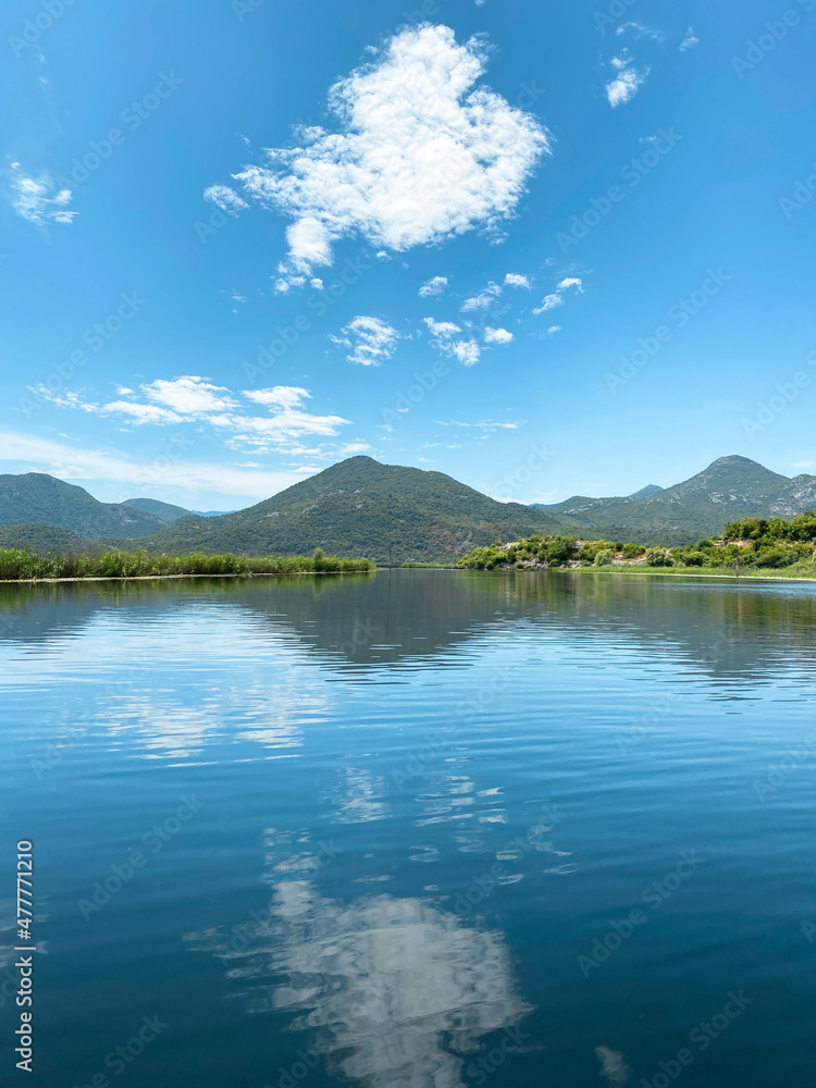 mountain lake panorama with mountain views, beautiful panorama, sunny day
