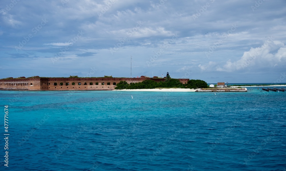 Fort Jefferson, Dry Tortugas National Park, Garden Key, Florida Keys. Fort as seen from the water. A massive, unfinished coastal fortress, largest brick masonry structure in the Americas. 
