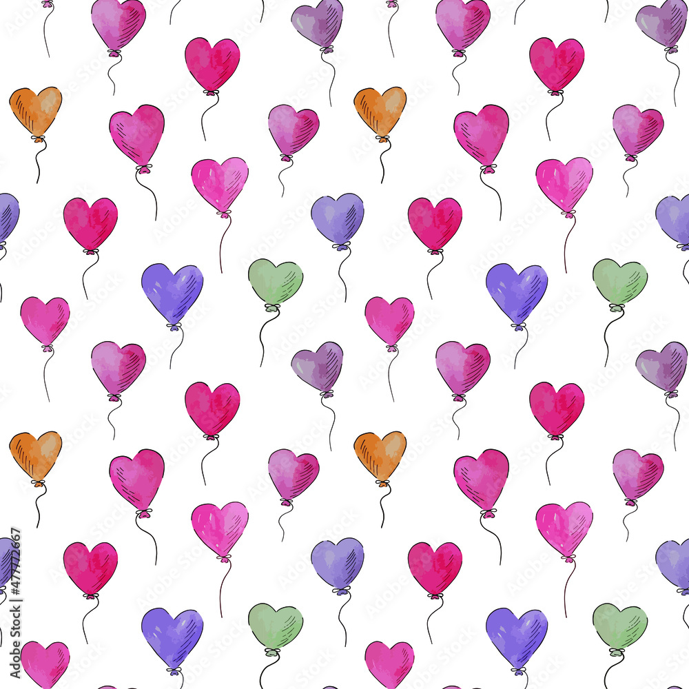 Watercolor seamless pattern with hearts, gifts, balloon and other elements for Valentine's Day isolated on white background. Hand drawn watercolor illustration.