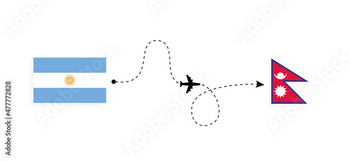 Flight and travel from Argentina to Nepal by passenger airplane Travel concept