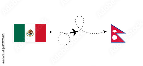 Flight and travel from Mexico to Nepal by passenger airplane Travel concept