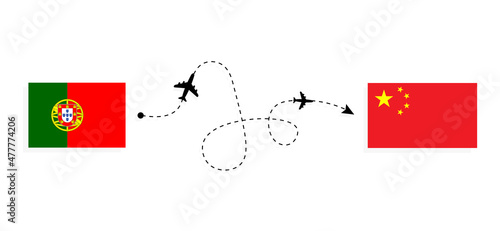 Flight and travel from Portugal to China by passenger airplane Travel concept
