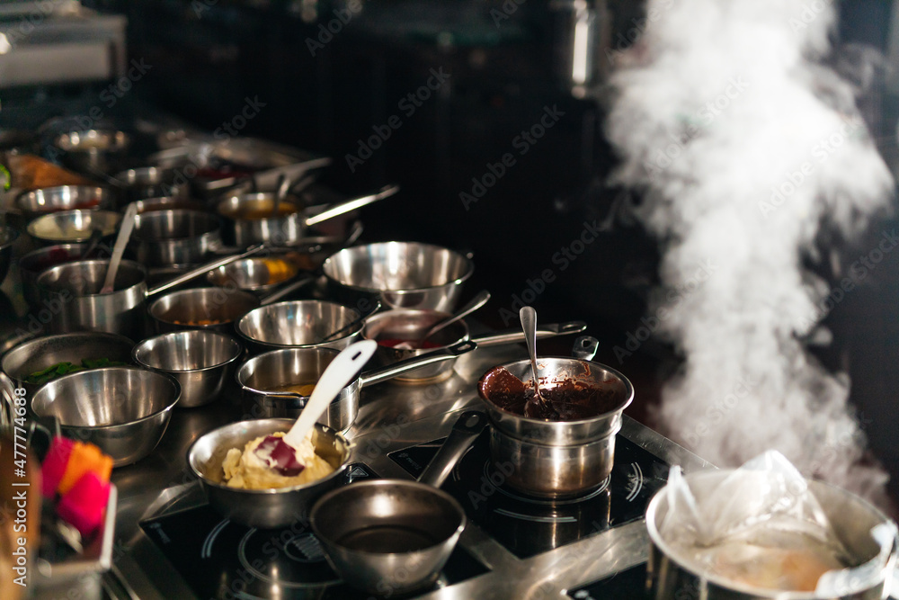 There are a lot of sauces and dishes for visitors of the restaurant. There are a lot of sauces and dishes for visitors of the restaurant.