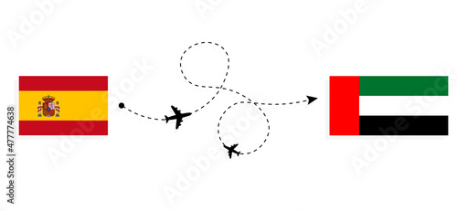 Flight and travel from Spain to United Arab Emirates by passenger airplane Travel concept