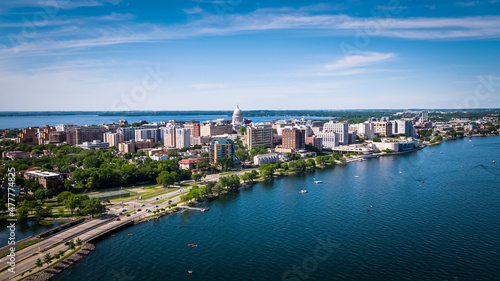 Downtown Madison Wisconsin (State Capitol Building - Drone)