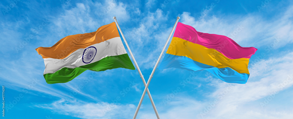 crossed national flags of India and Pansexuality Pride flag waving in ...