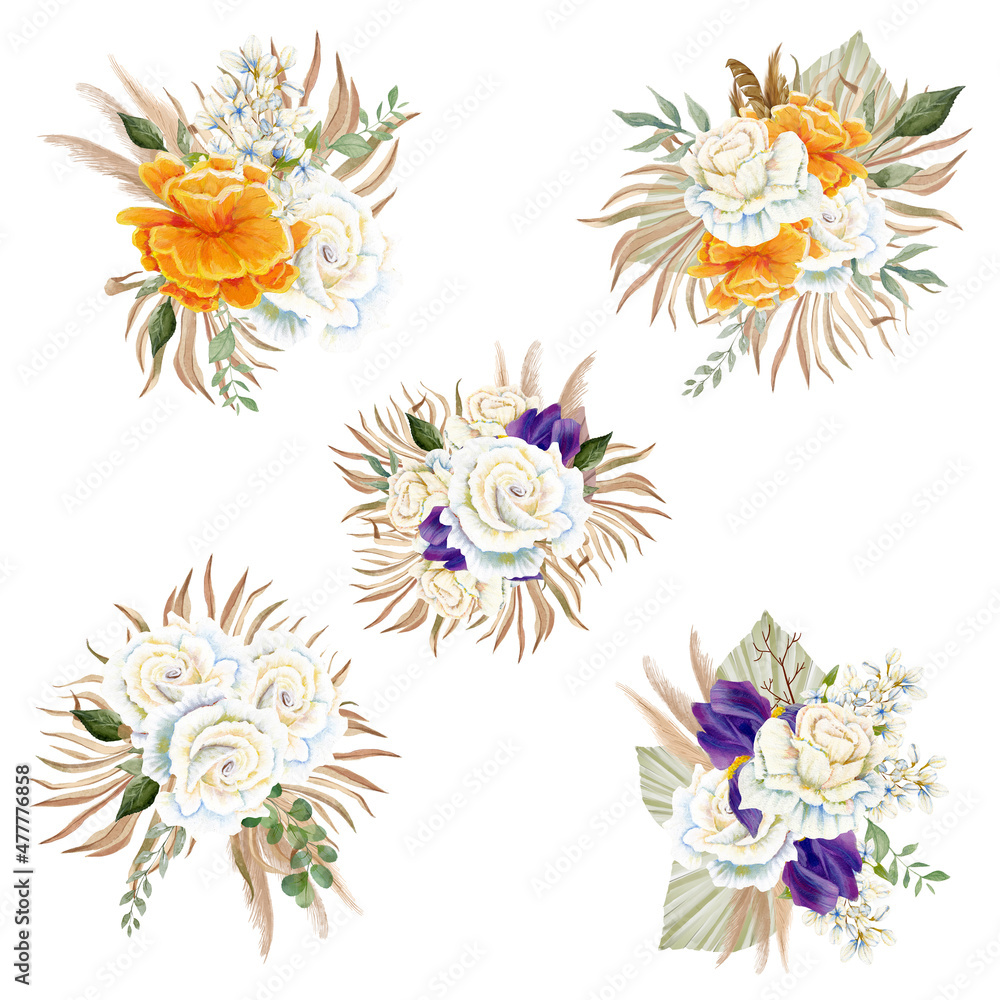 Naklejka premium Boho watercolor roses bouquets, perfect to use on the web or in print