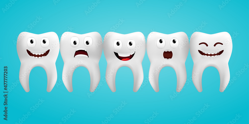 Funny teeth with different facial expressions. Smiling white teeth in a row including one scared tooth. 3D realistic vector illustration of happy dental icons isolated on a blue background Funny teeth with different facial expressions. Smiling white teeth in a row including one scared tooth. 3D realistic vector illustration of happy dental icons isolated on a blue background