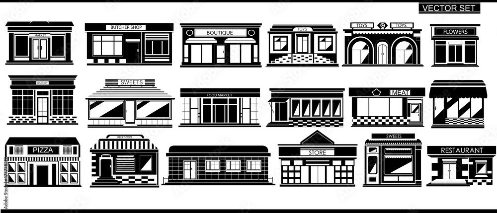 Set of black and white city buildings on a white background. Set of ...