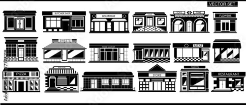 Set of black and white city buildings on a white background. Set of icons of markets, grocery stores, restaurants, cafes, pizzerias and other city buildings. © daudau992