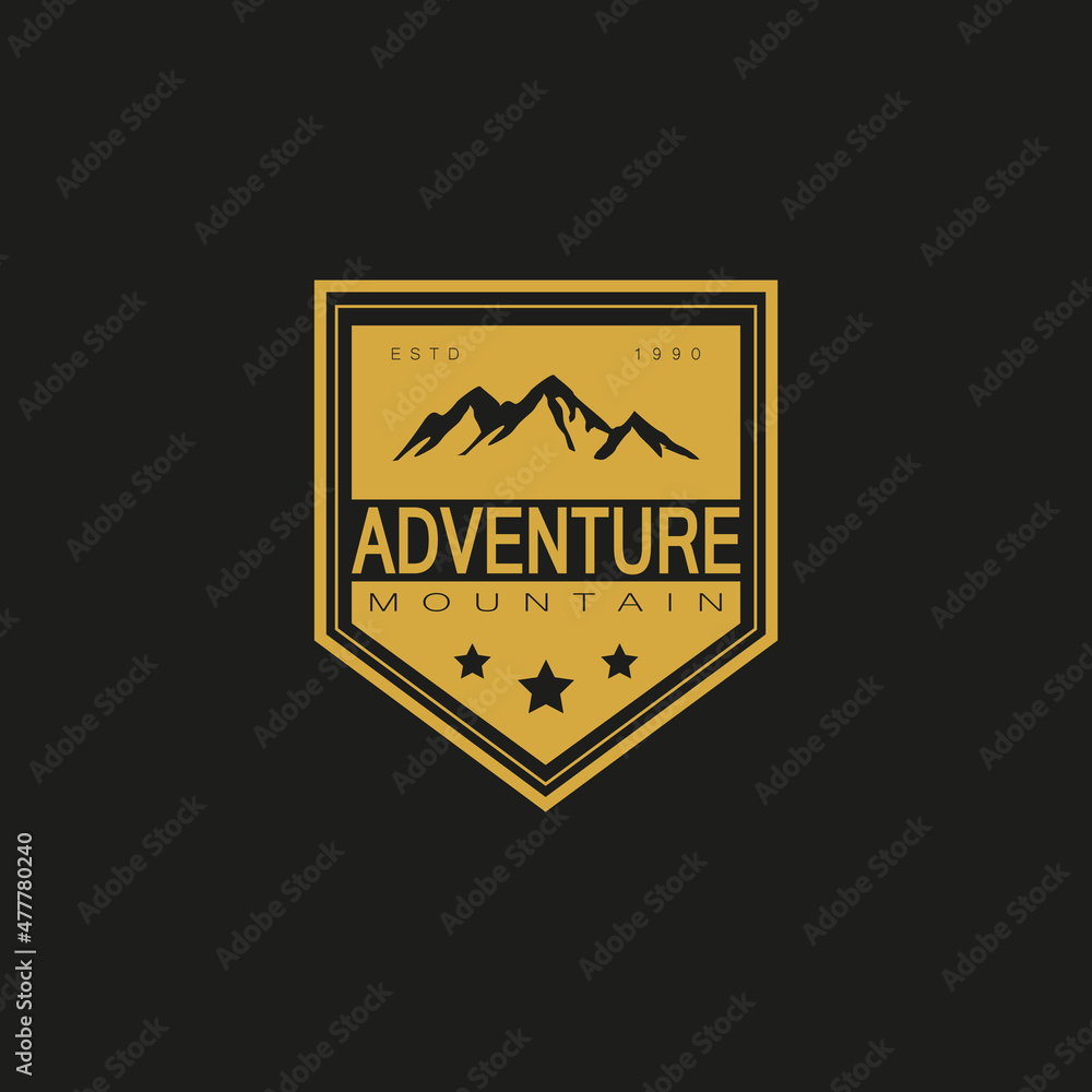 Gold Mountain Logo.  Adventure Emblem in Vintage Style. Badges Mountain Adventure Logo Isolated on White Background. Design Vector Template Element.