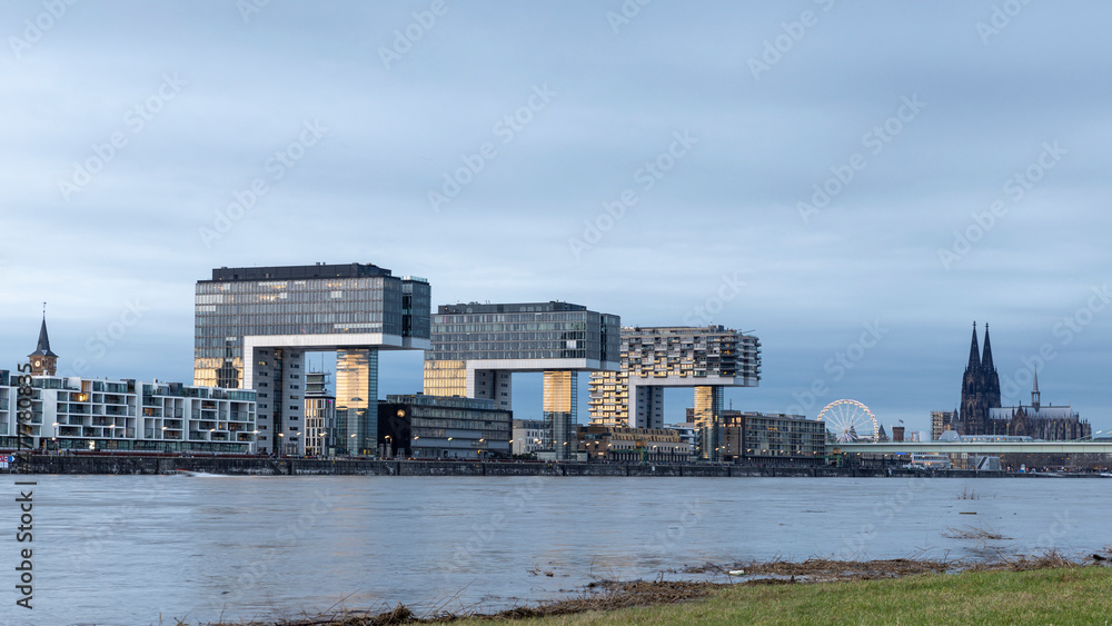 Modern skyscraper standing near Rhine river in Cologne, Germany