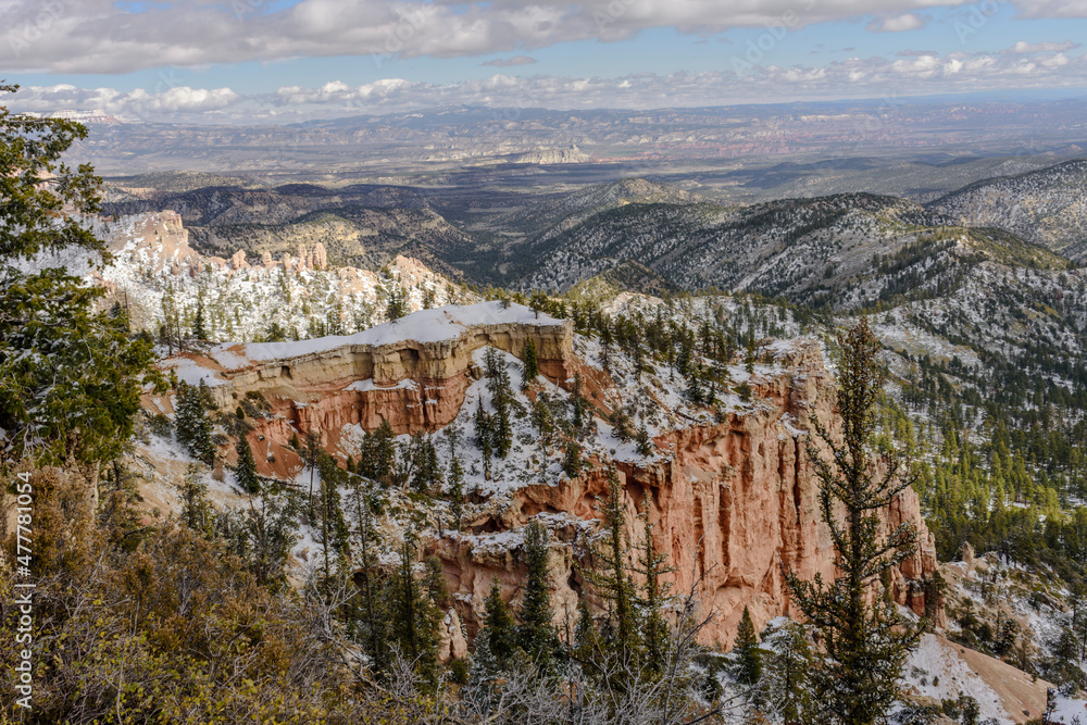 Snow covered Hoodoo's and cloud shadows in the valley.