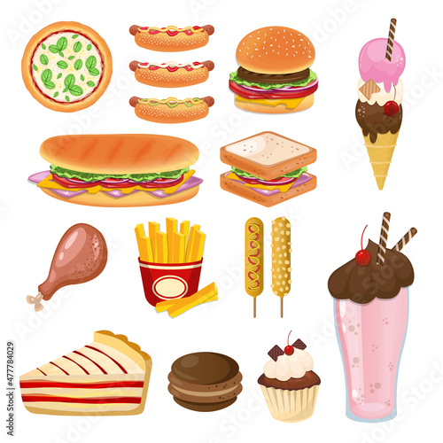 Fast food and desserts illustration vector concept template
