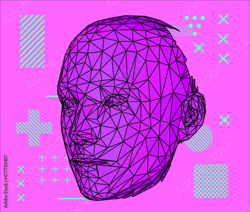 3D low poly wireframe model of a human head. Conceptual image of AI (artificial intelligence), VR (virtual reality), Deep Learning and Face recognition systems.