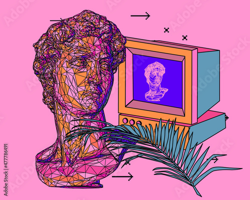 Retrofuturistic style 3D illustration of a low poly bust sculpture. Vaporwave computer art aesthetics.