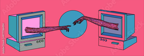 Vector 3D model of hands going to touch together, reminiscent of Michelangelo's artwork.