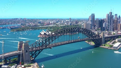 Aerial drone view of Sydney Harbour Bridge on a beautiful sunny day 