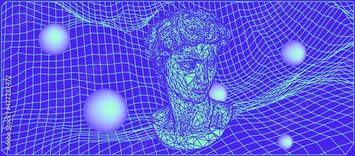 Retrofuturistic sci-fi style 3D illustration of a low poly bust and glitched distorted grid on a background. Vaporwave computer art aesthetics.