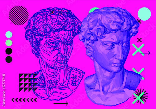 Retrofuturistic 3D illustration of a low poly bust sculpture. Vaporwave computer art aesthetics.