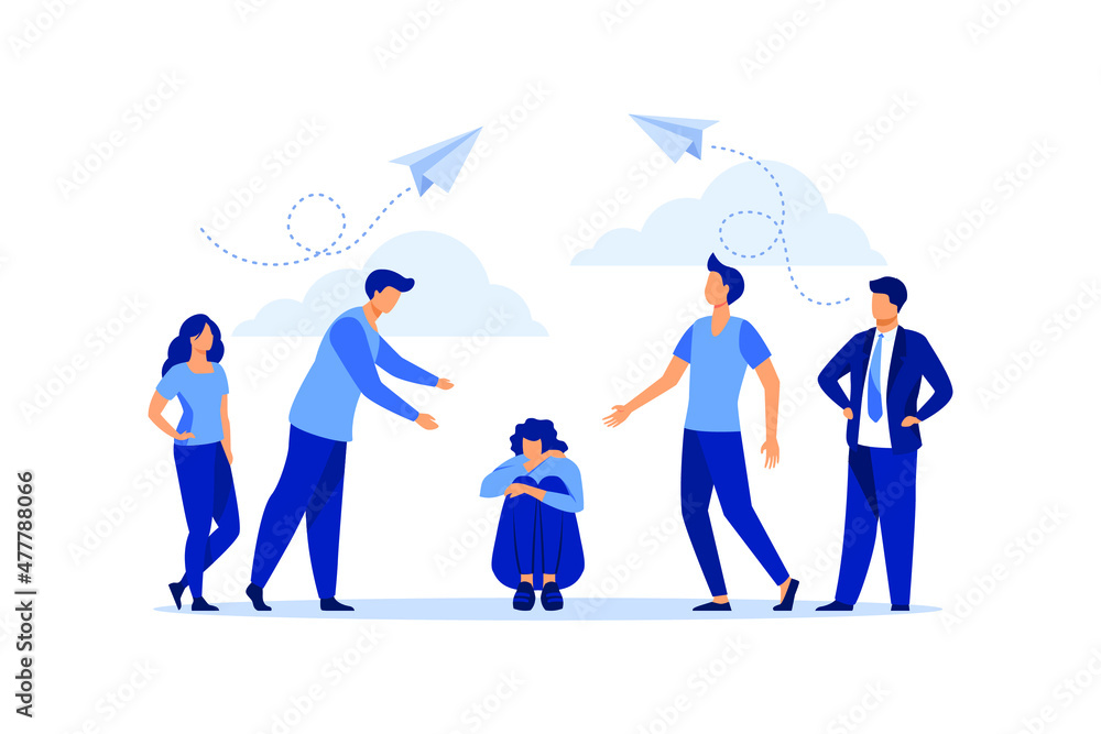 the problem of bullying, a woman sits on the floor surrounded by people mocking him. flat vector illustration the problem of bullying, a woman sits on the floor surrounded by people mocking him. flat vector illustration