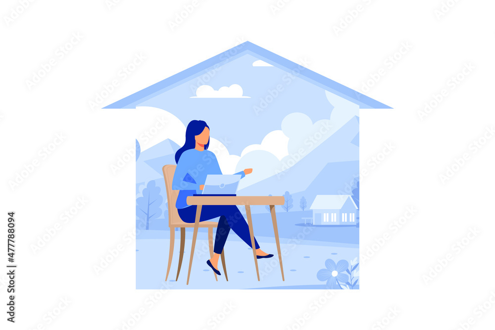 Beautiful businesswoman using laptop while sitting at her desk. Office workplace interior. Flat vector illustration. Beautiful businesswoman using laptop while sitting at her desk. Office workplace interior. Flat vector illustration.